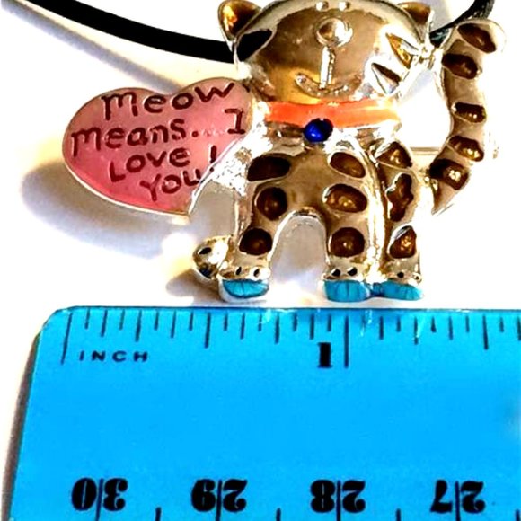 Kitty Cat Pin Brooch Pendant MEOW MEANS LOVE Cat MOM Heart Silver Plated - Picture 11 of 12